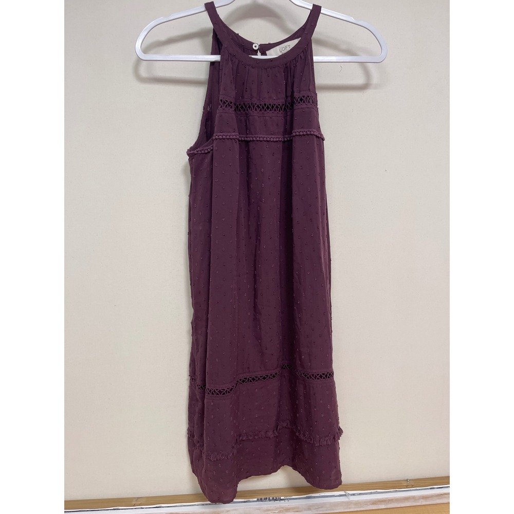 Ann Taylor LOFT Plum Purple Clip Dot Halter Dress Crochet Lace Fringe Small